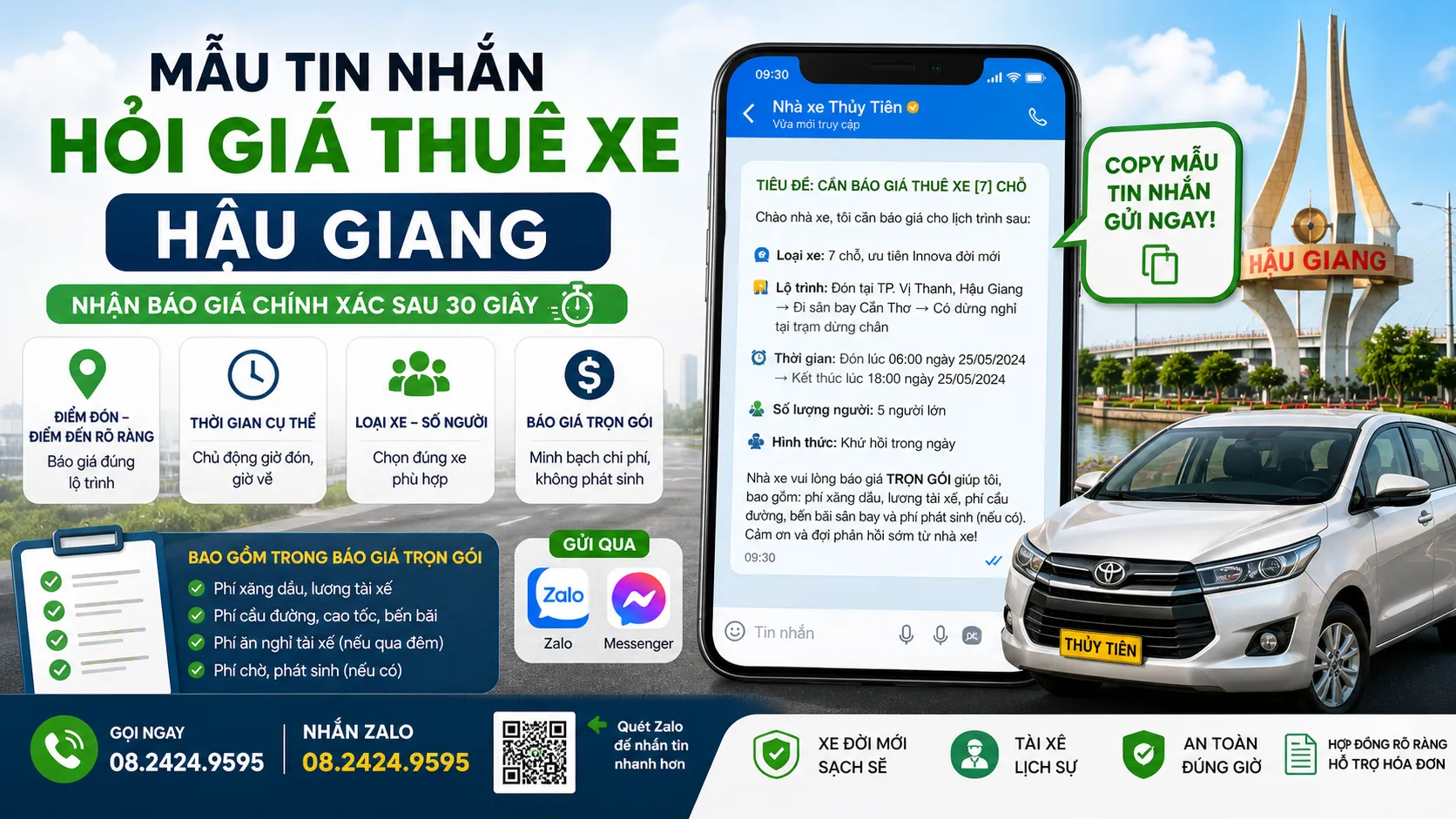Mẫu tin nhắn hỏi giá thuê xe Hậu Giang: Nhận báo giá chính xác sau 30 giây