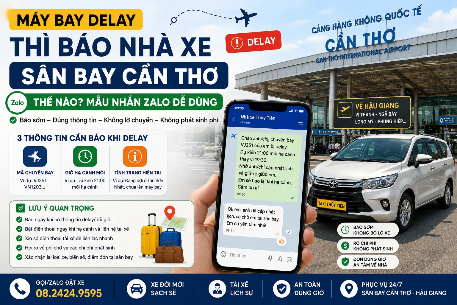 Máy bay delay thì báo nhà xe sân bay Cần Thơ thế nào? Mẫu nhắn Zalo dễ dùng