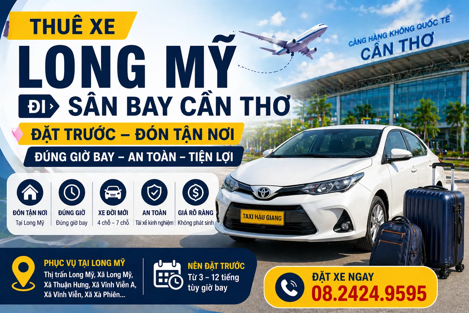 Thuê xe Long Mỹ đi sân bay Cần Thơ: đặt trước, đón tận nơi, đúng giờ bay